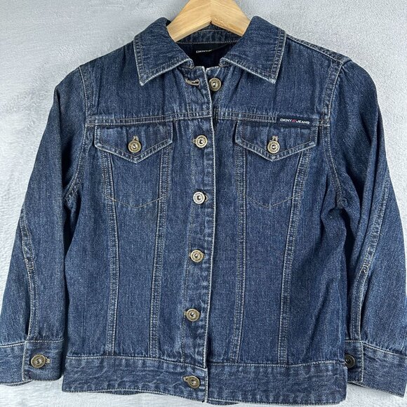 DKNY Cropped Jean Jacket Medium Wash Womens Size X Small Button Front Blue - Picture 2 of 11